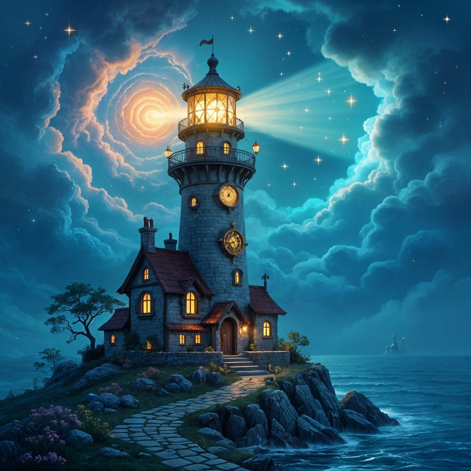 Whimsical Clockwork Lighthouse in Starry Nebula