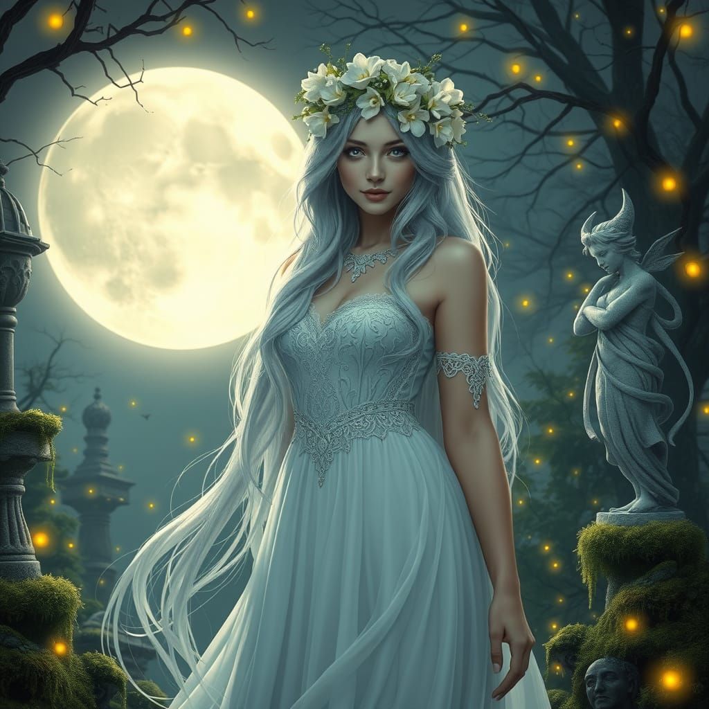 Mystical Goddess in Moonlit Garden, Art Nouveau Style