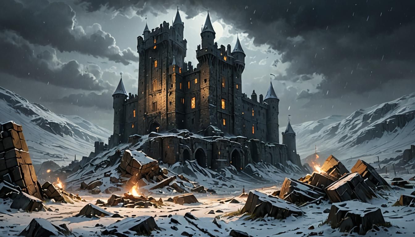 Snow falling on castle ruins on a bleak moorland in England