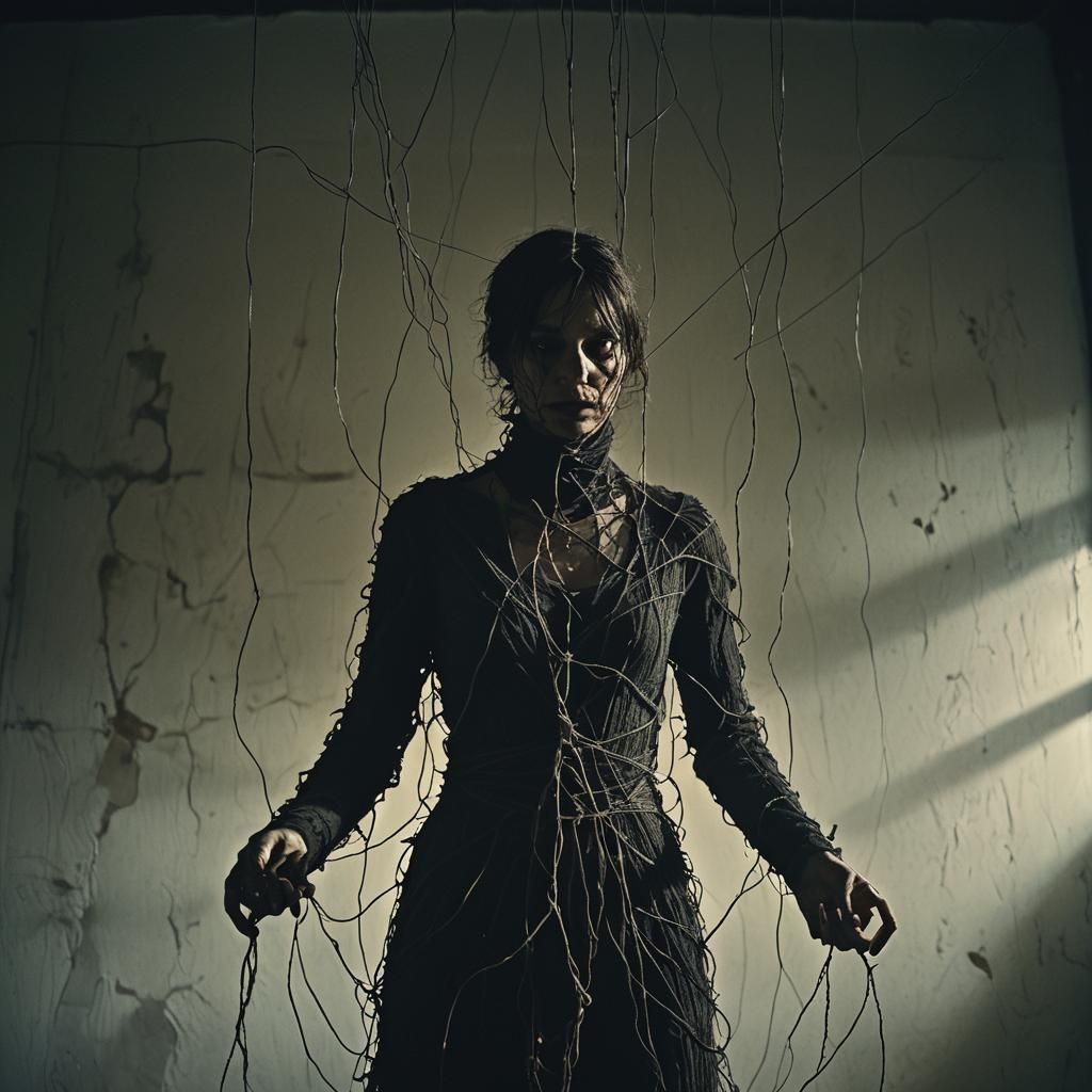 Eerie Surrealism: Fragile Figure in Dimly Lit Atmosphere