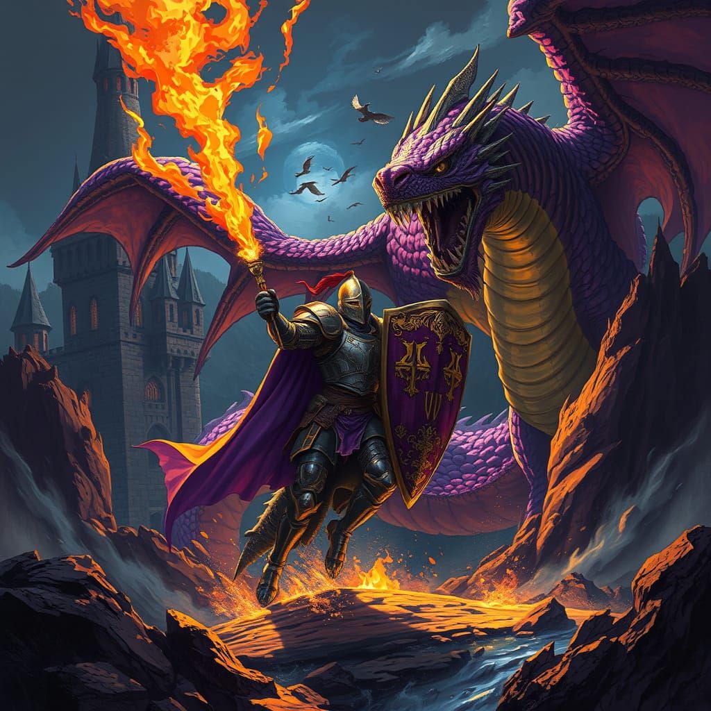 Epic Dark Fantasy Castle Scene with Dragon and Knight