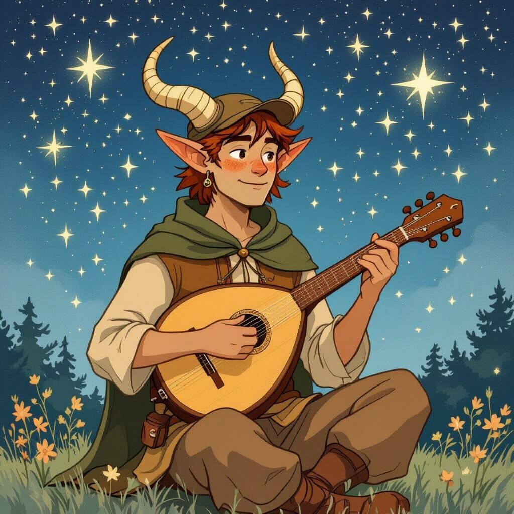 Tiefling Druid Inspired by Moomins Under Starry Sky