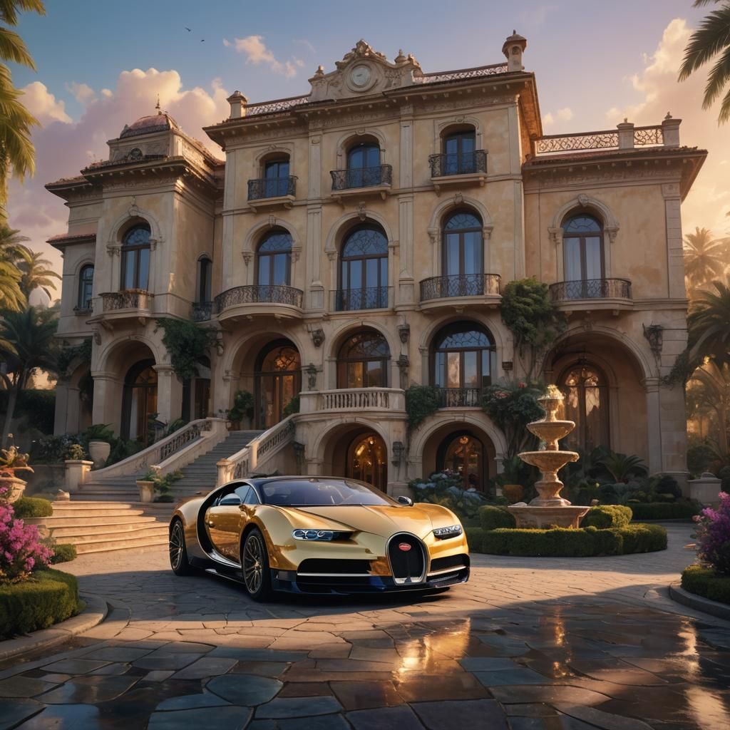 Bugatti Parked at Luxurious Villa: Art Deco Oil Painting