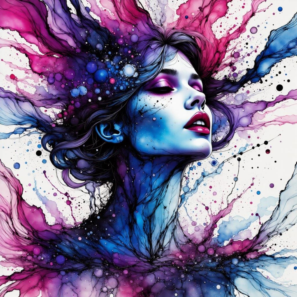 Surreal Face Dissolving into Vibrant Ink Splash Art