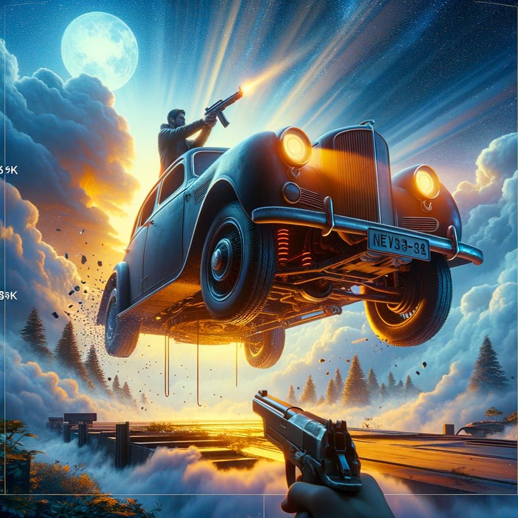 Realistic Car in Sky with Gunman, Matte Painting Style
