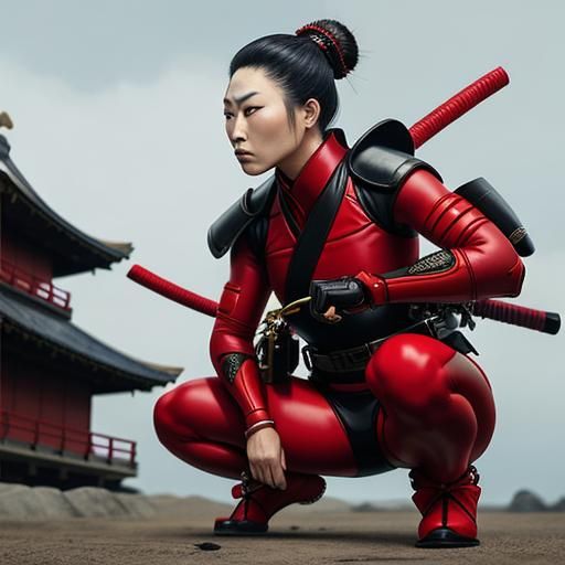 Teen Samurai in Red Leather Swimsuit