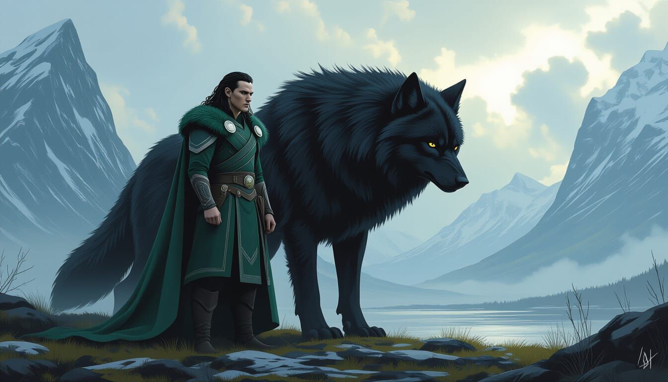 Loki and Fenrir in Norse Landscape