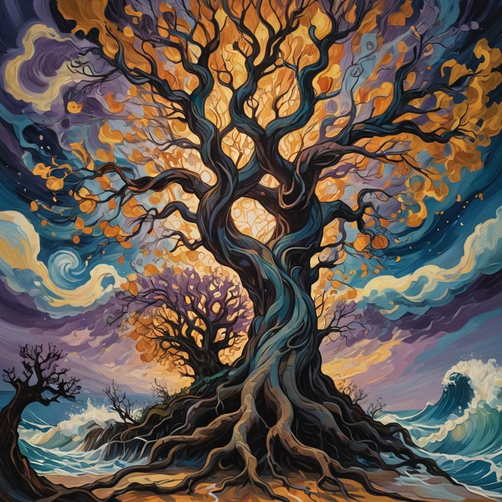 Glowing Tree Overcomes Darkness in Van Gogh Style