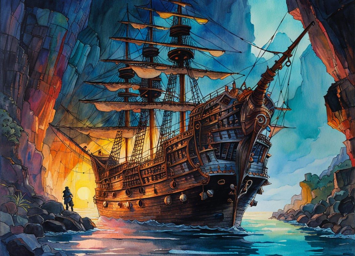 Pirate Ship in Twilight Grotto Watercolor Painting