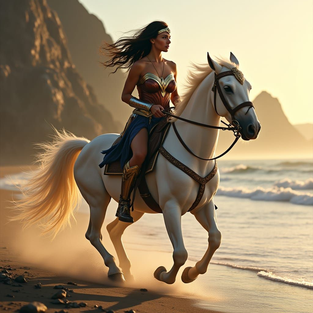 Wonder Woman Rides a Majestic Stallion Along Themyscira's Vo...
