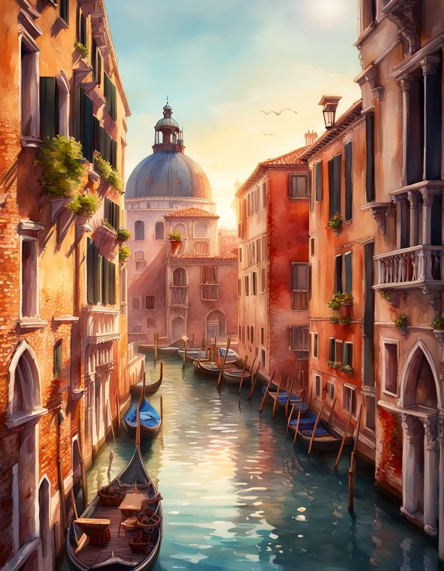 Venice Sundowner: Watercolor Painting in Pastel Style