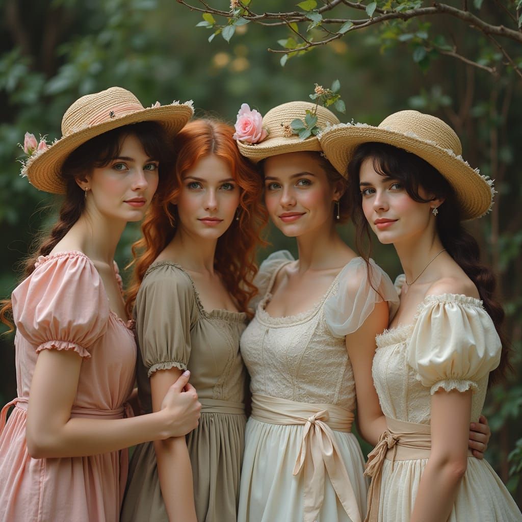 Elegant Victorian Women Enjoy a Whimsical Picnic in a Lush E...