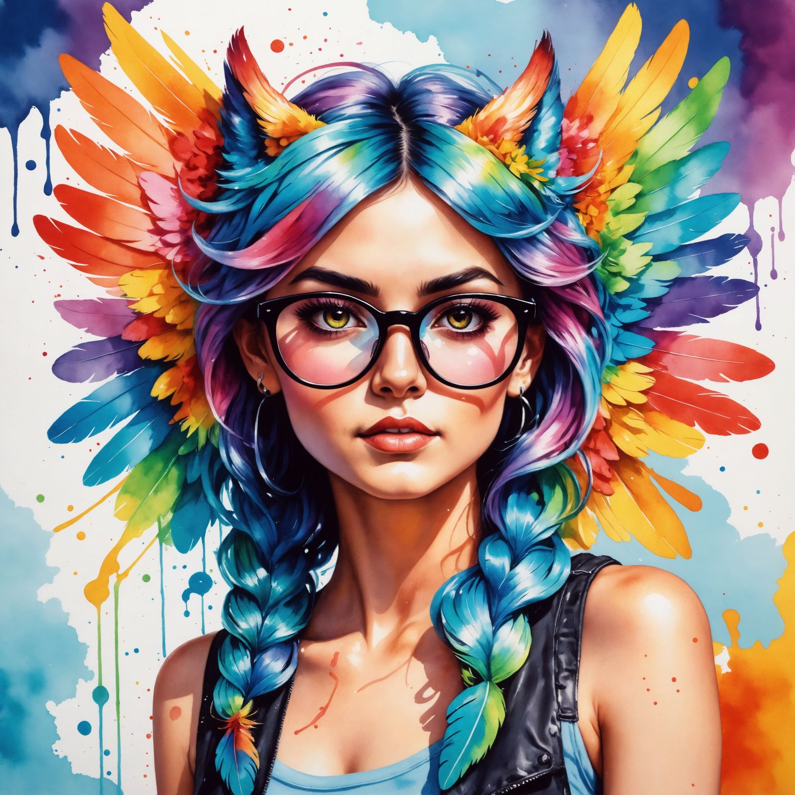 Whimsical Owl Woman Portrait in Watercolor Graffiti Style