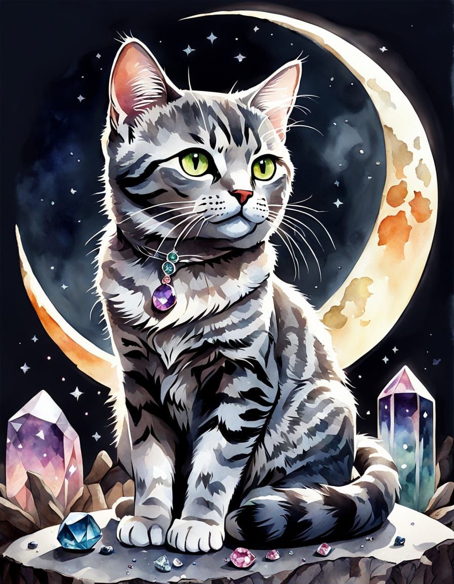 Enchanted Moonlit Cat Among Crystals
