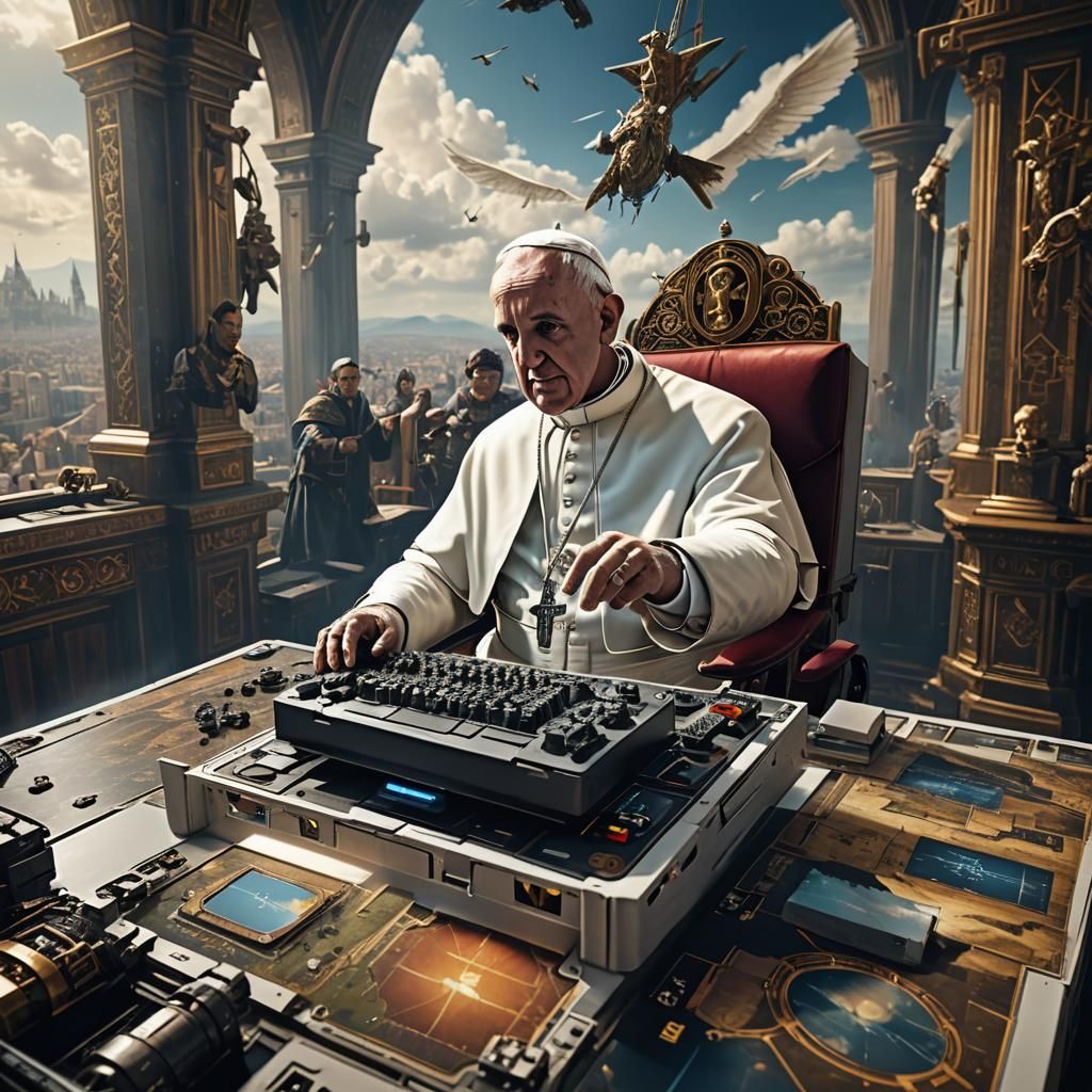 Pope Enjoys Flight Simulator: Detailed Digital Painting