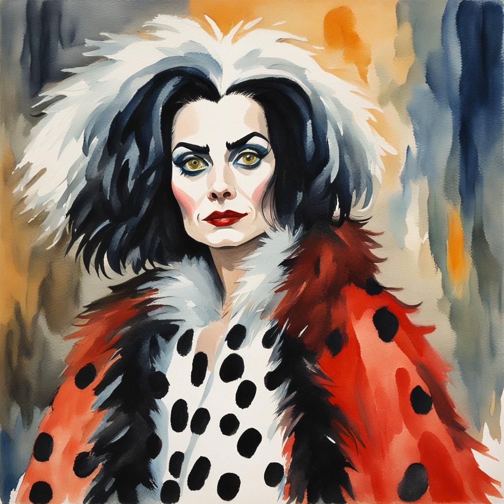 Cruella de Vil in Fur Coat Gouache Painting