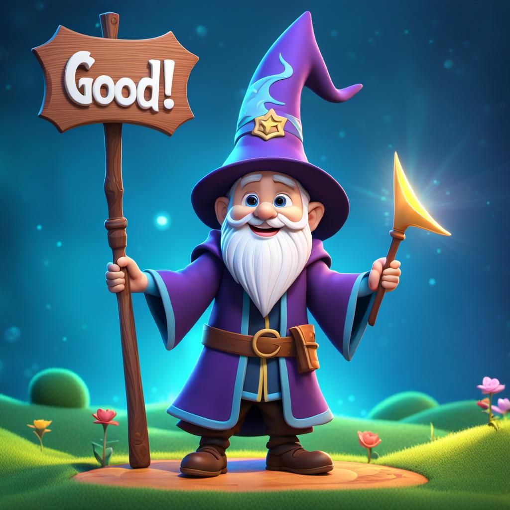 Cute Wizard Holding Sign: "Good Job!" in 3D Style