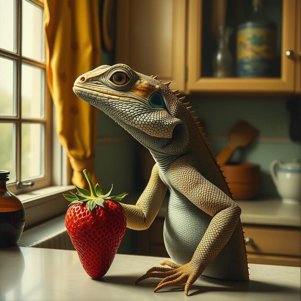 Lizard with Strawberry: A Surreal Oil Painting