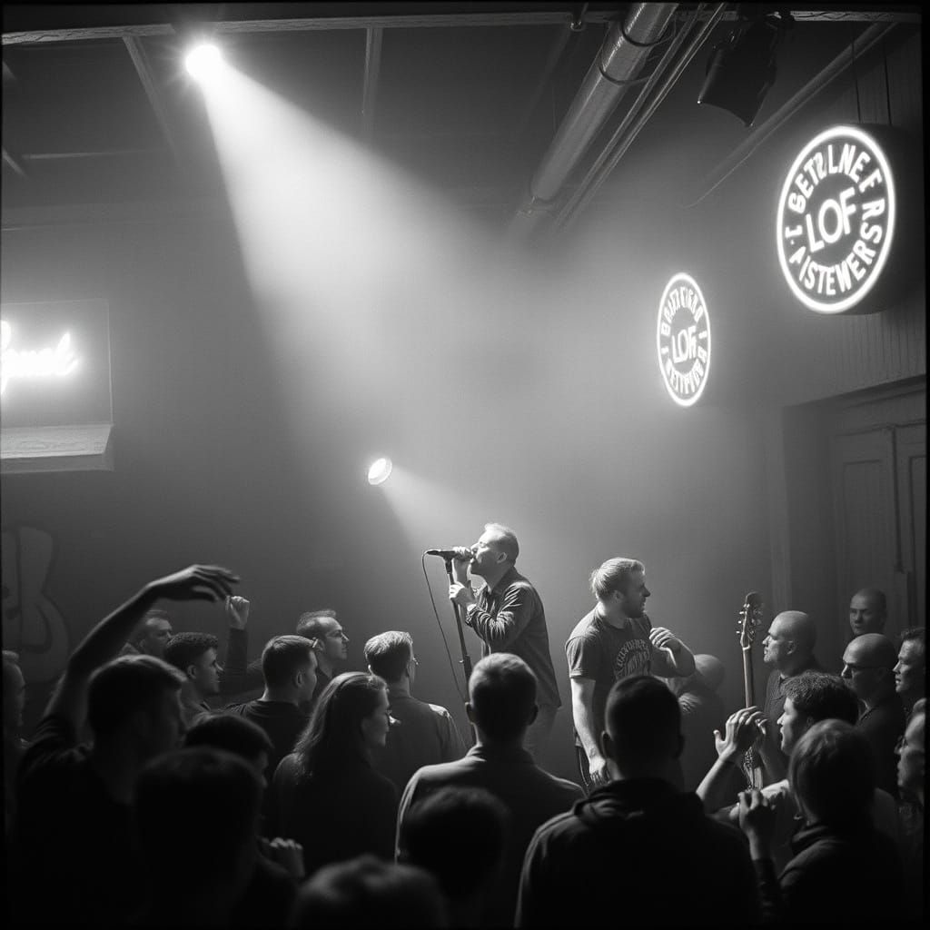 Grunge Chaos in a 90s Warehouse: A Cinematic Concert Scene