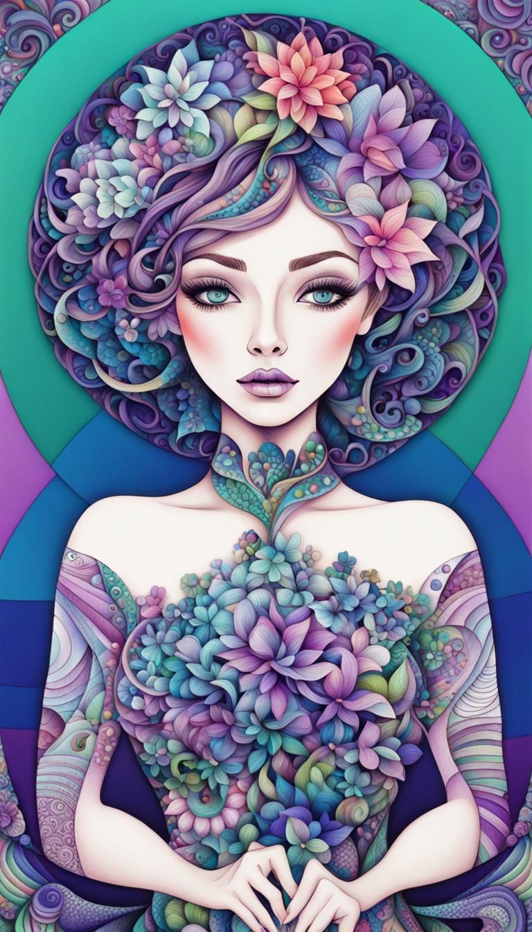 Tight little flowers surround her in a multitude of bright c...