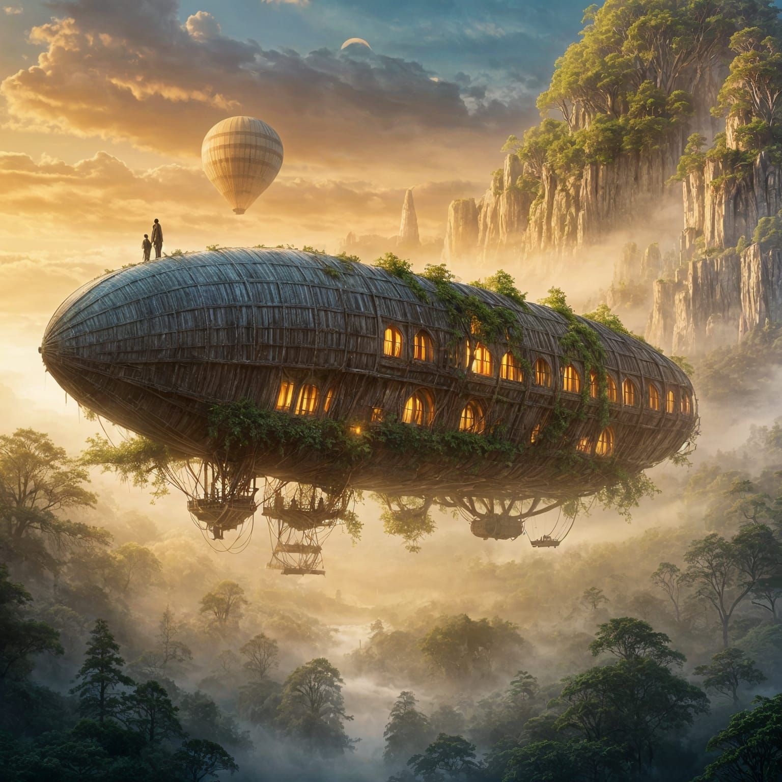 Ethereal Ghost Airship Over Ancient Forest