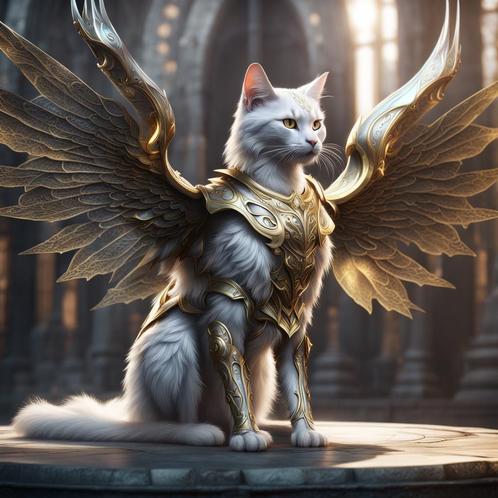 Armored Mystical Cat with Wings: Fantasy Concept Art