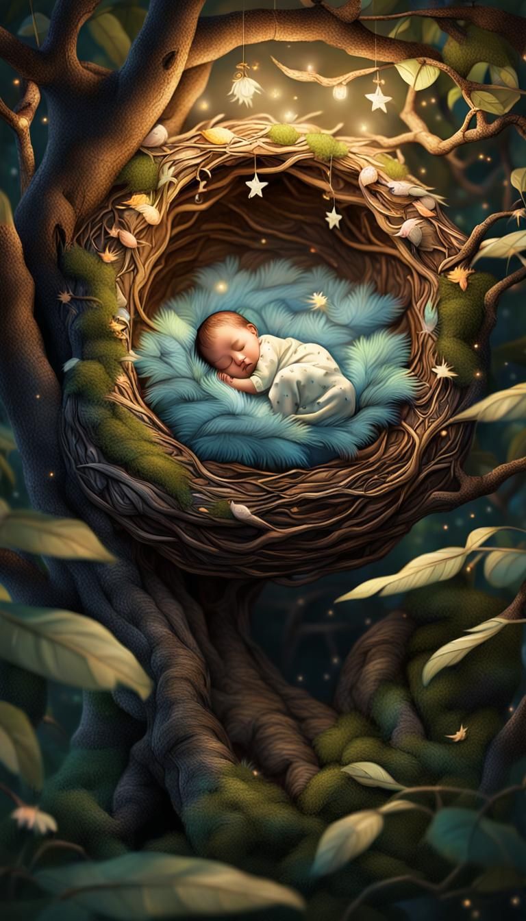 A small baby sleeping peacefully in a cozy nest made of soft...