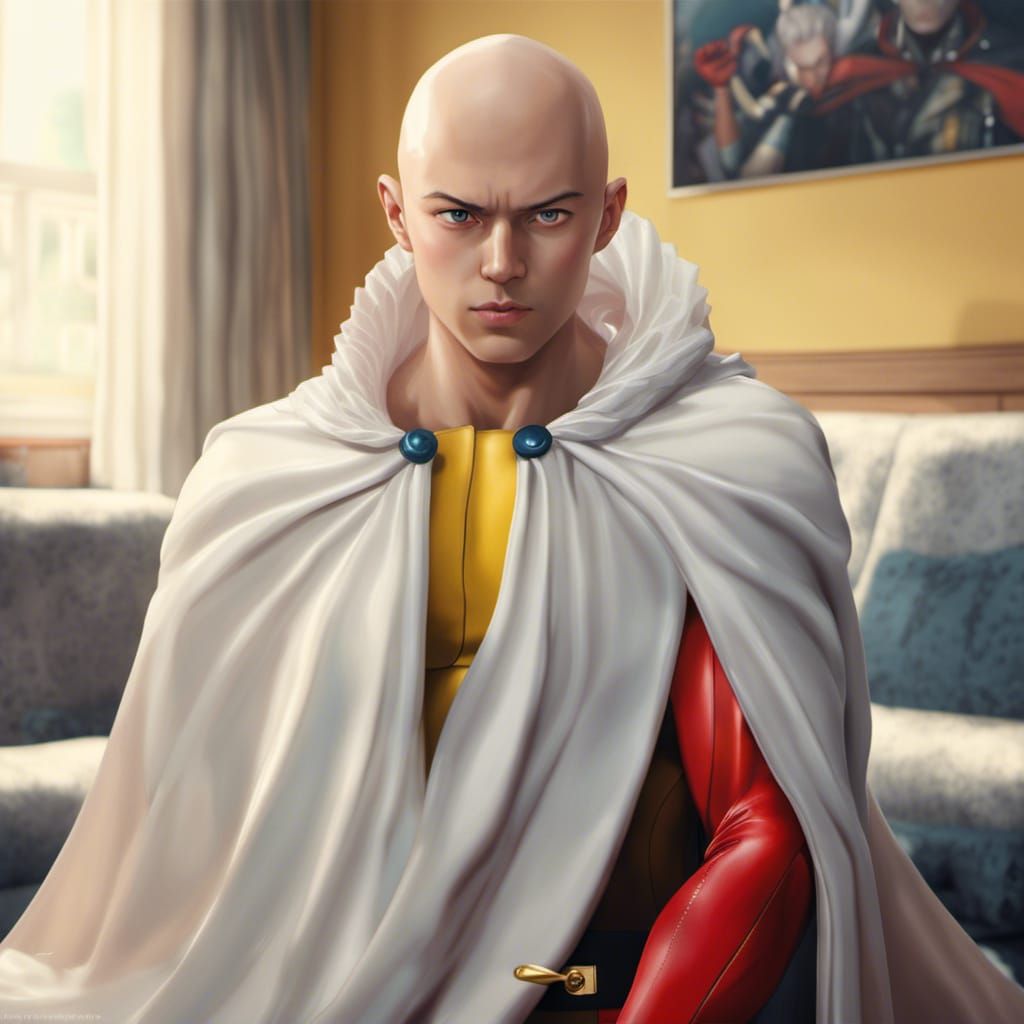 Photorealistic Portrait of Saitama in Living Room