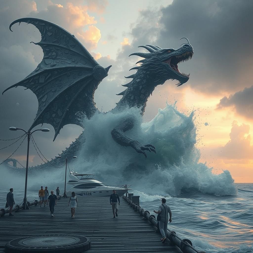 Garbage Dragon Emerges from the Sea in Dark Fantasy Style
