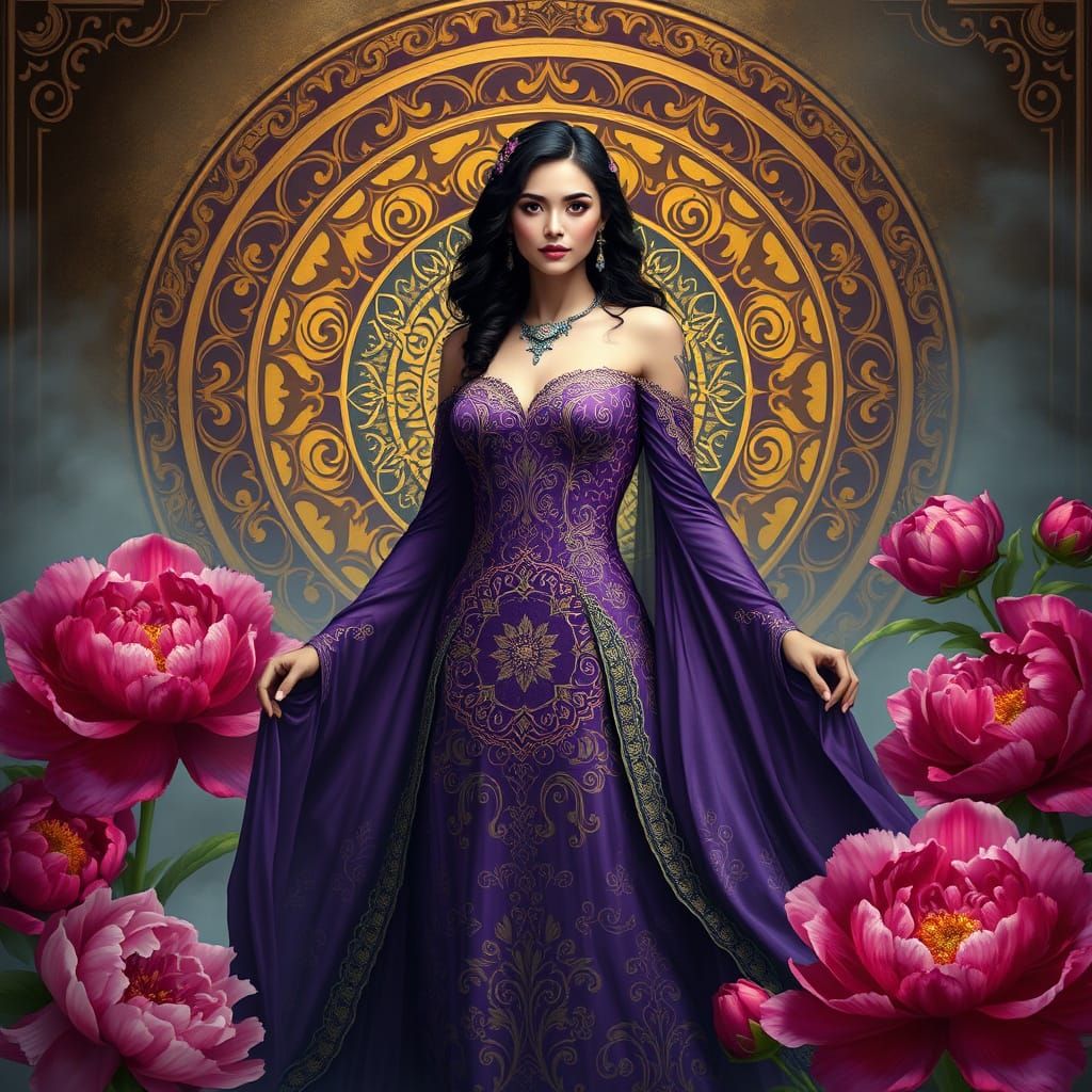 A regal digital portrait of a graceful beautiful woman She wears an intricately patterned purple gown with golden embroi...