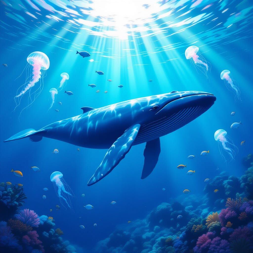 Blue Whale in a Dreamlike Underwater Ghibli Scene