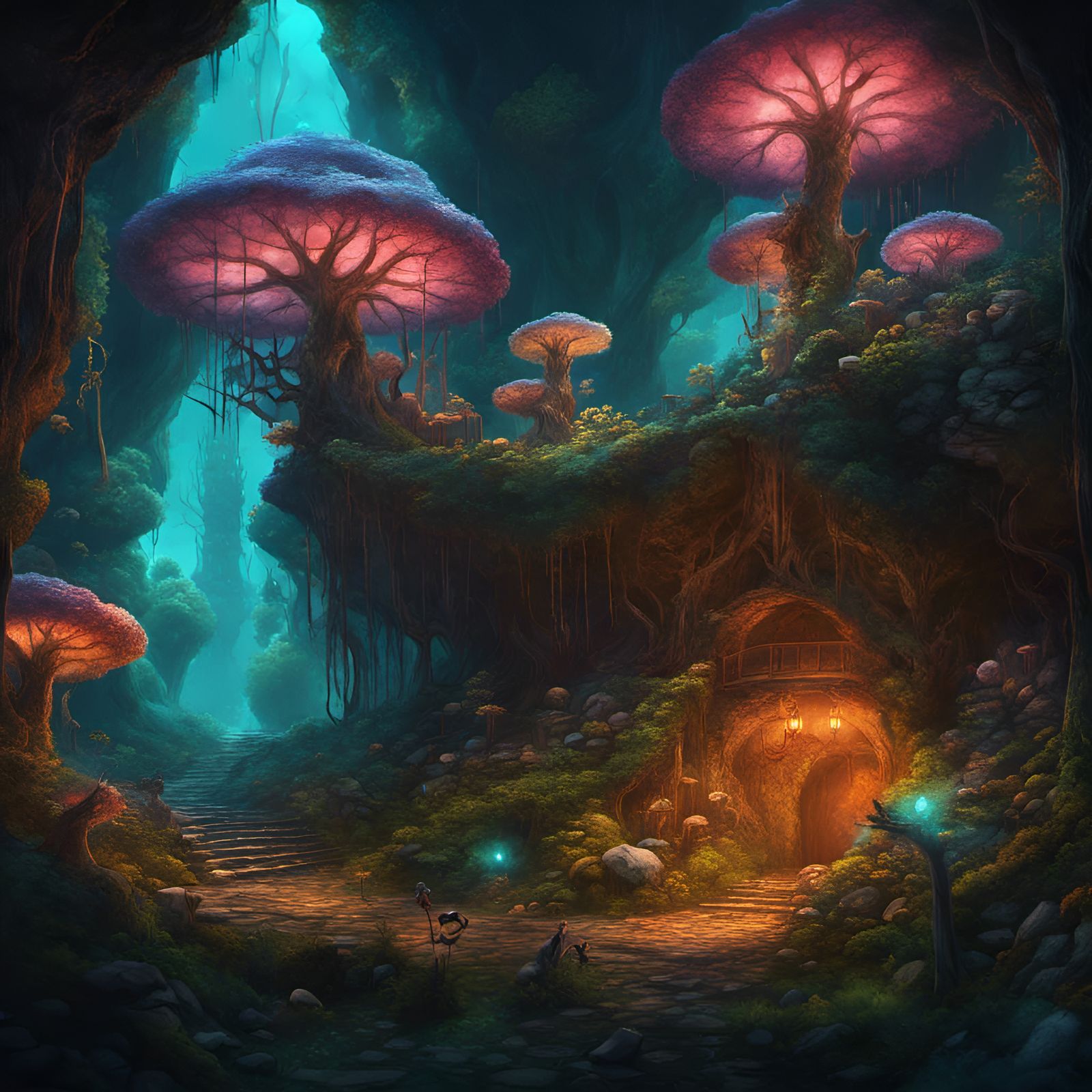 Luminous Bioluminescent Cave in Fantasy Artwork