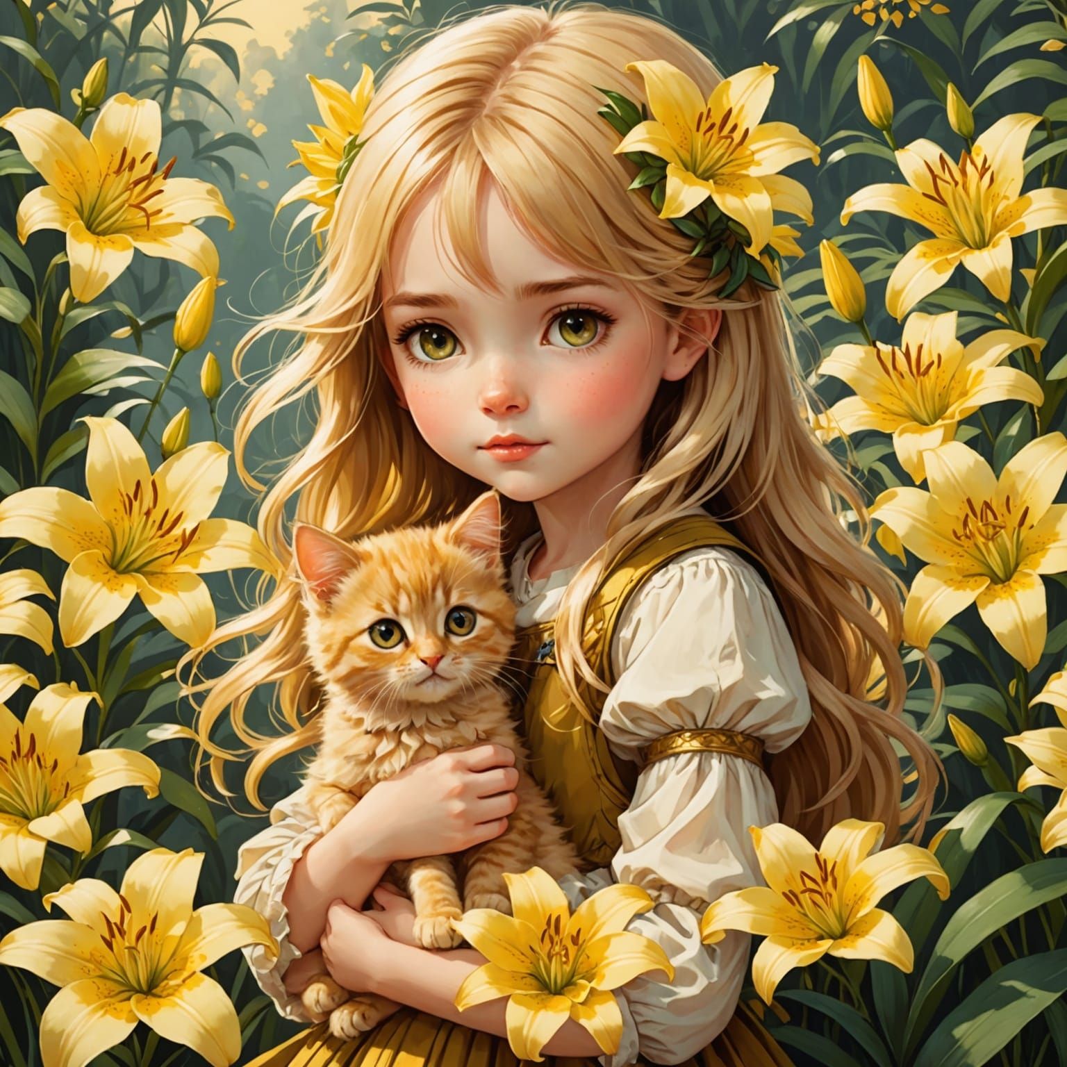 Whimsical Chibi Girl and Kitten in a Sunny Garden