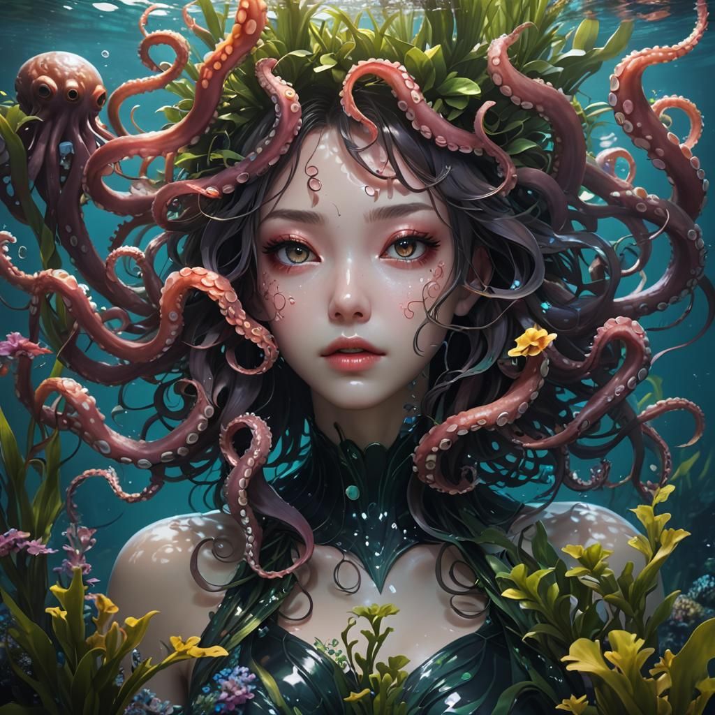 fantasy octopus woman in under water