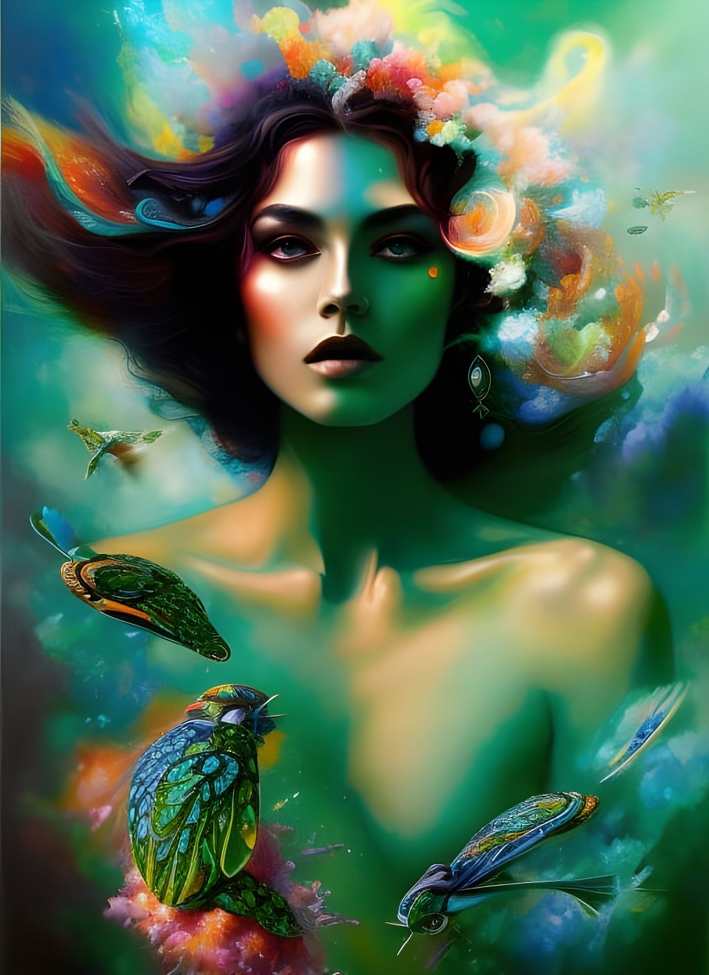 Emerald Gaze: A Detailed Portrait in Art Nouveau Style