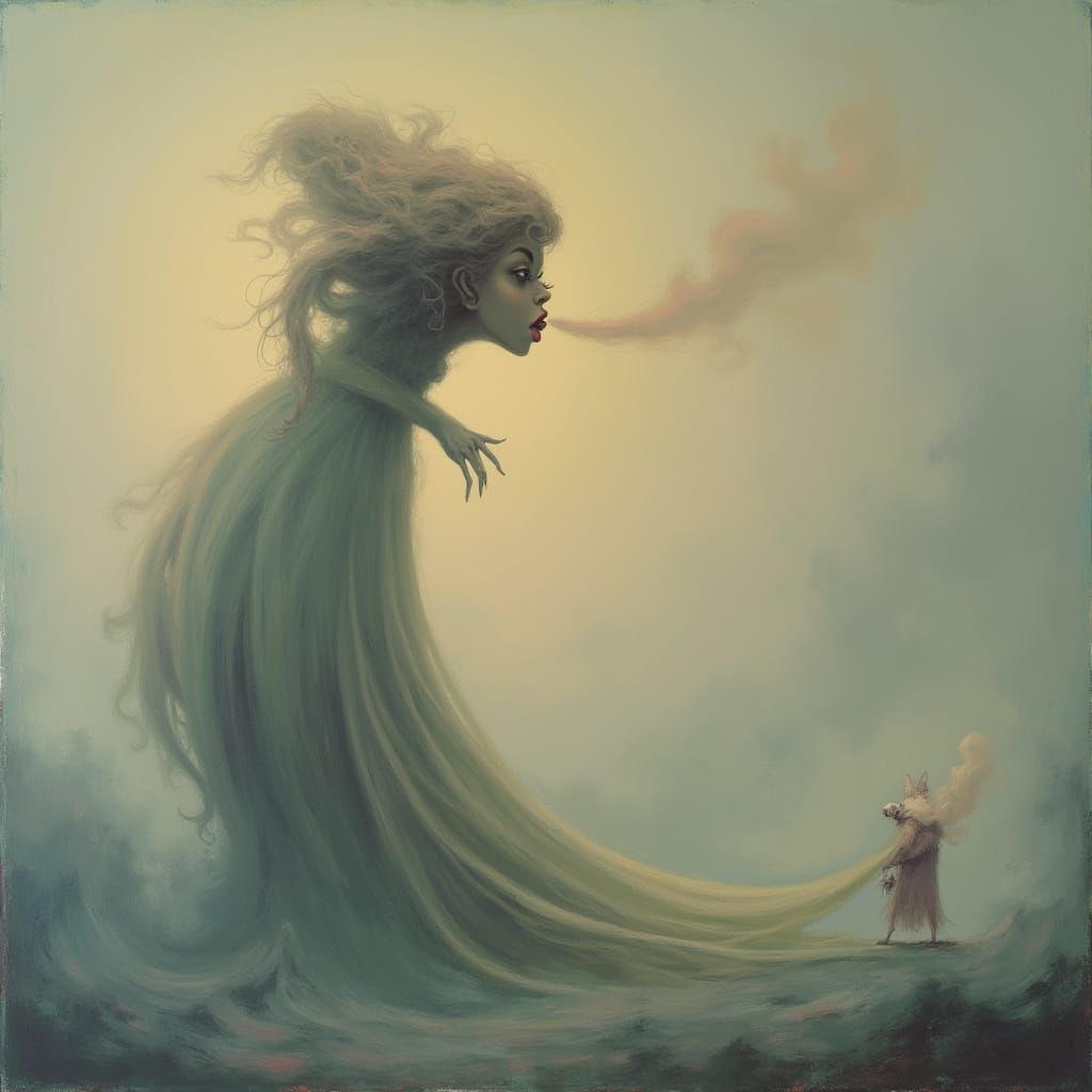 Surreal Figure Exhaling in Dreamlike Painterly Style