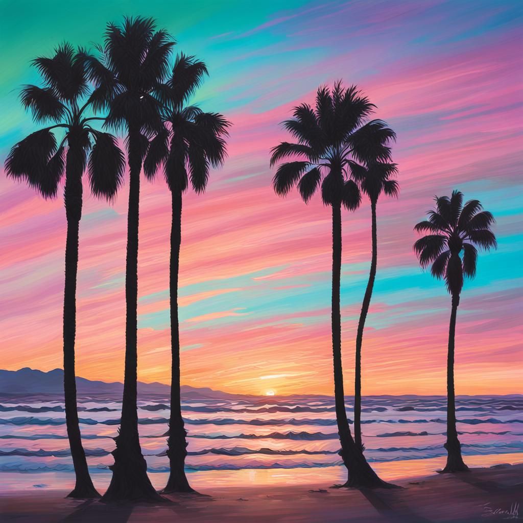 Colorful California Sunset in Impressionistic Style