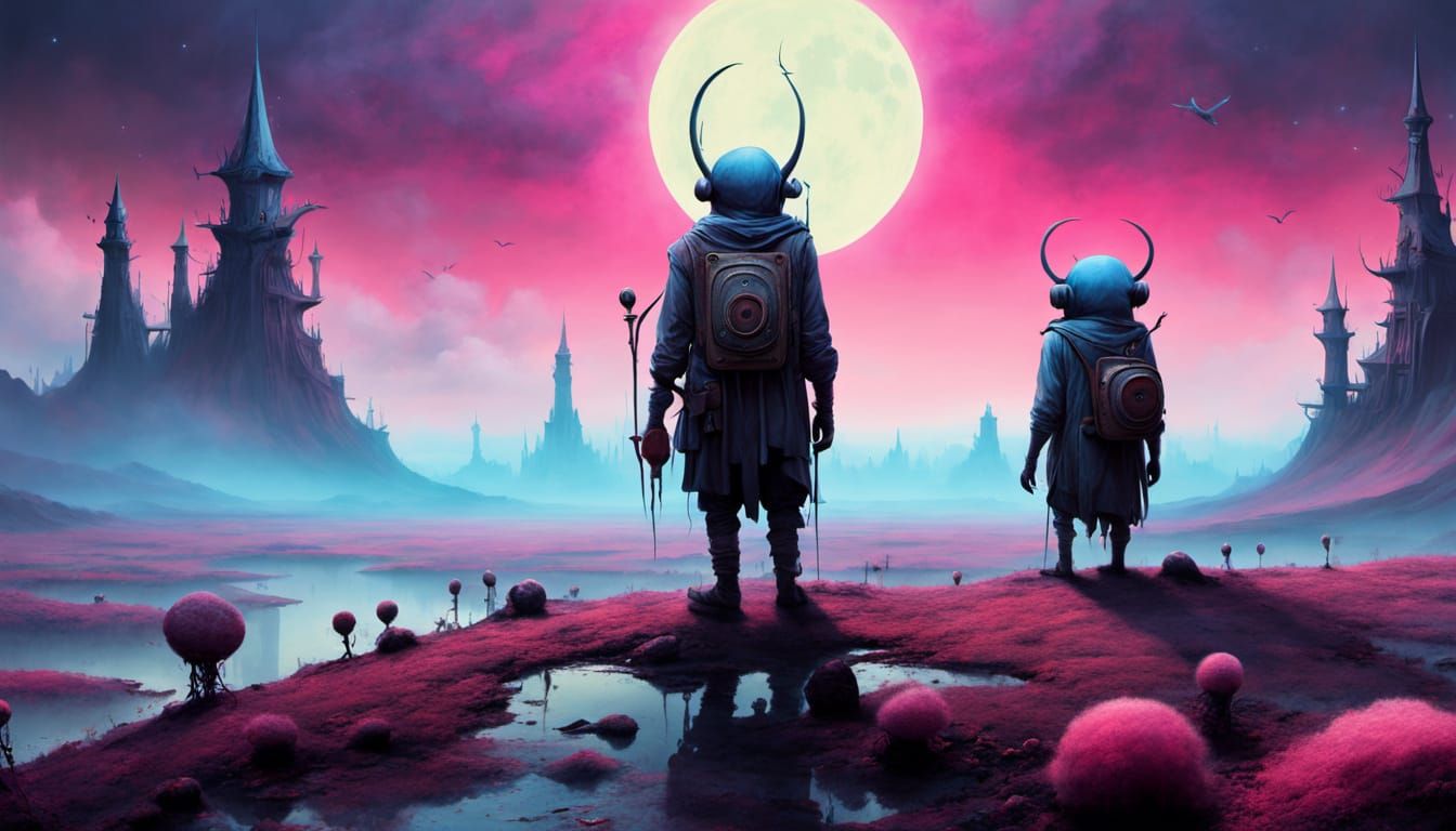 Dreamlike Surrealist Landscape with Glowing Creatures