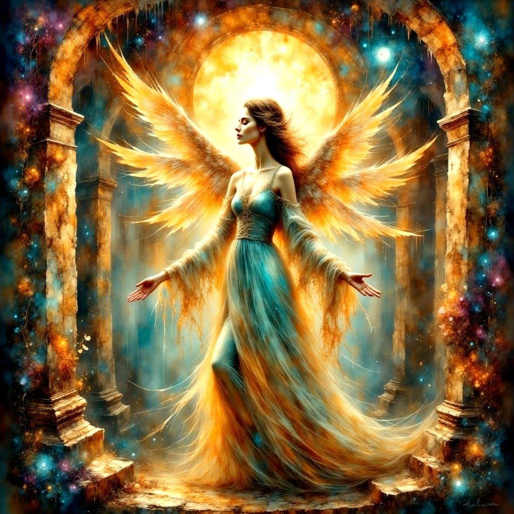 Celestial Angel in Cosmic Ballet with Iridescent Gown and Wi...