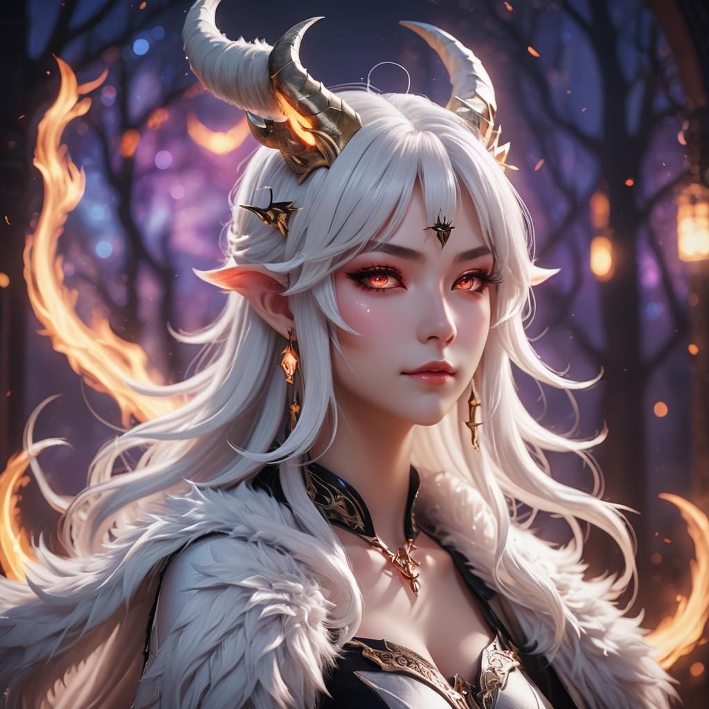 Anime Girl Demon with Horns and Furry Ears