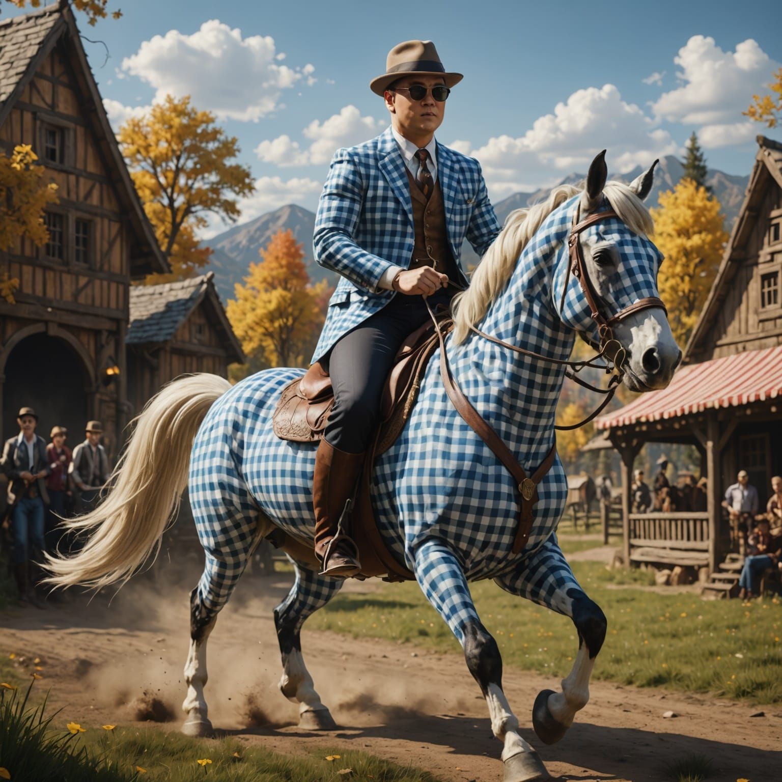 Fantastical Gingham Rider on a Majestic Steed in a Dreamy La...