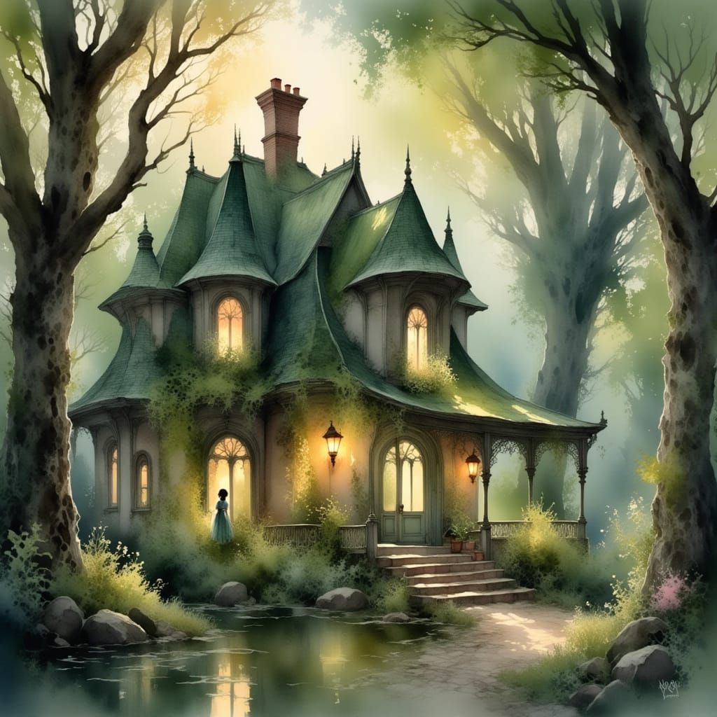 Whimsical Forest Cottage with Twinkling Lanterns and Iridesc...