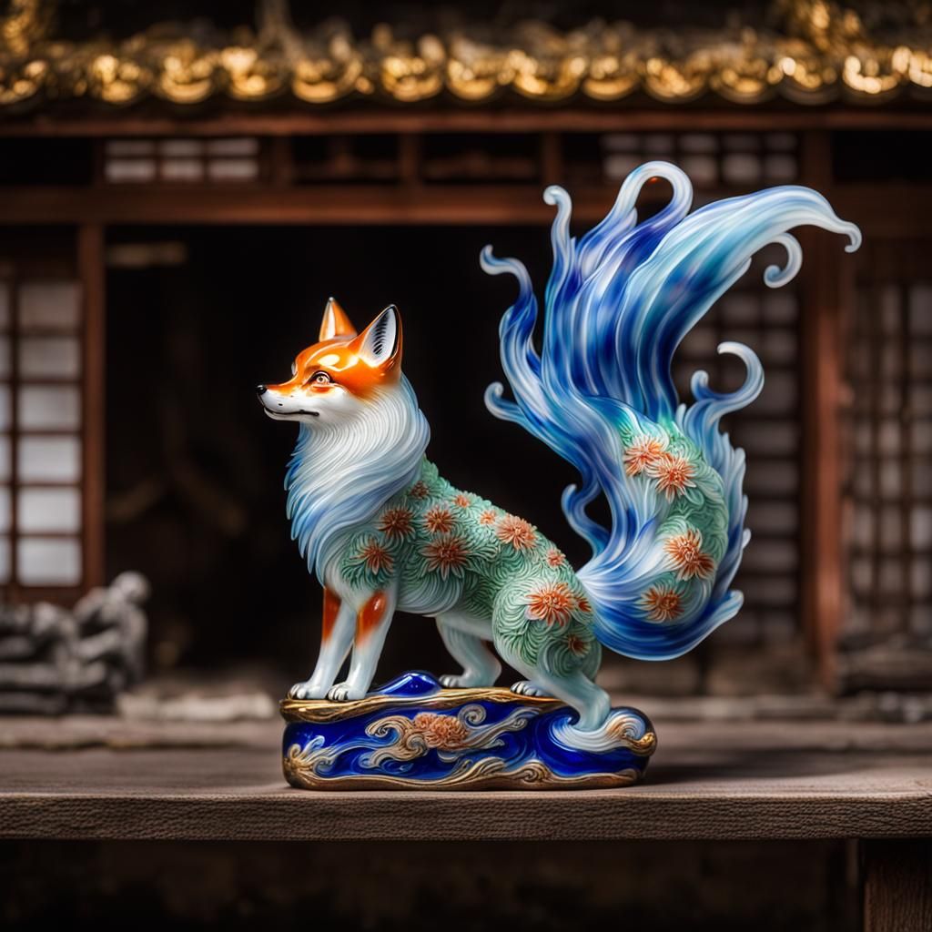 Enameled Glass Figurine of a Nine-Tailed Fox