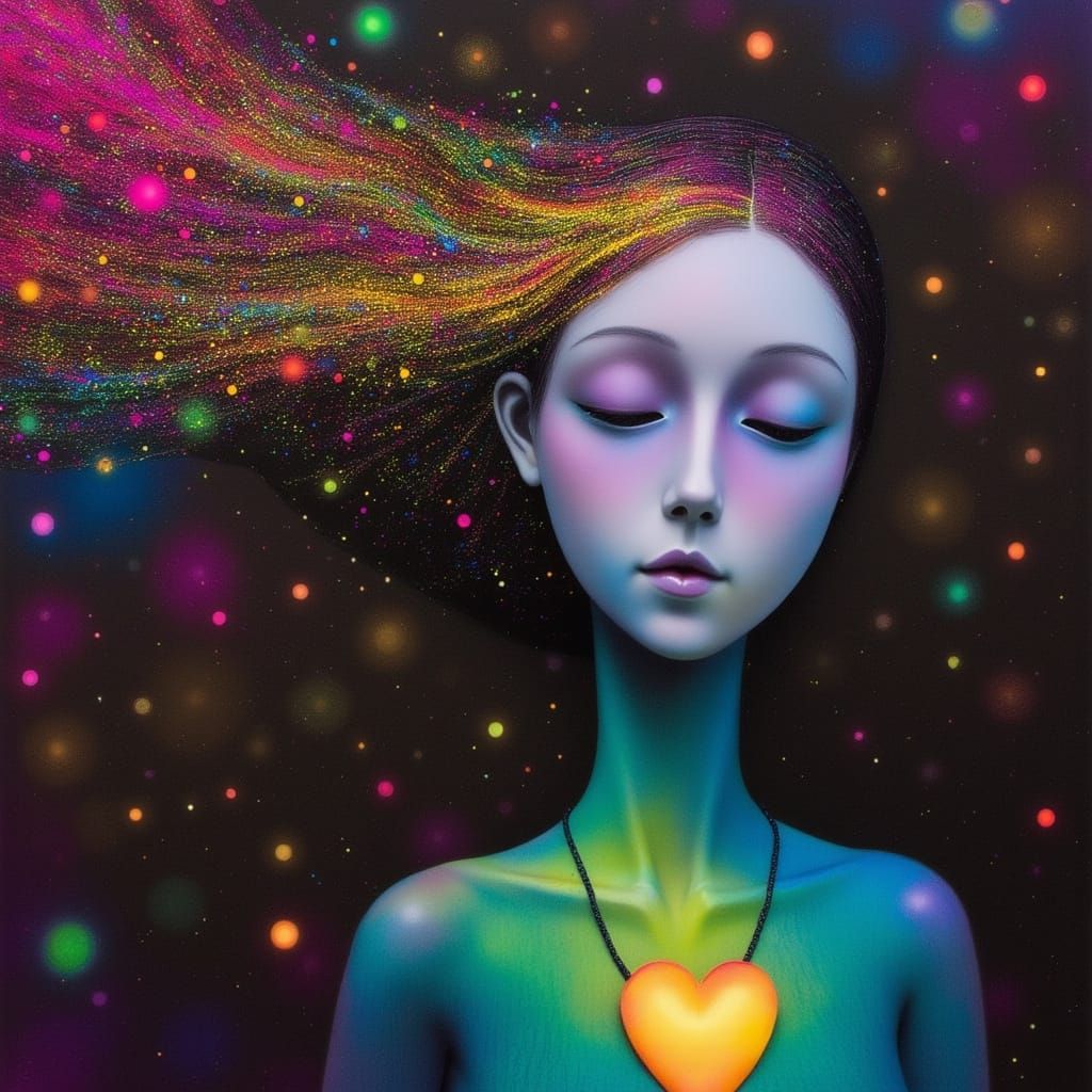 Dreamlike Woman with Shimmering Hair and Glowing Heart