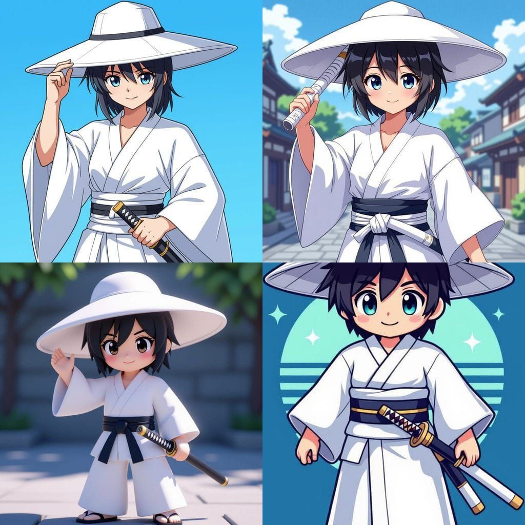 White Clad Samurai Holding Hat in Anime Style