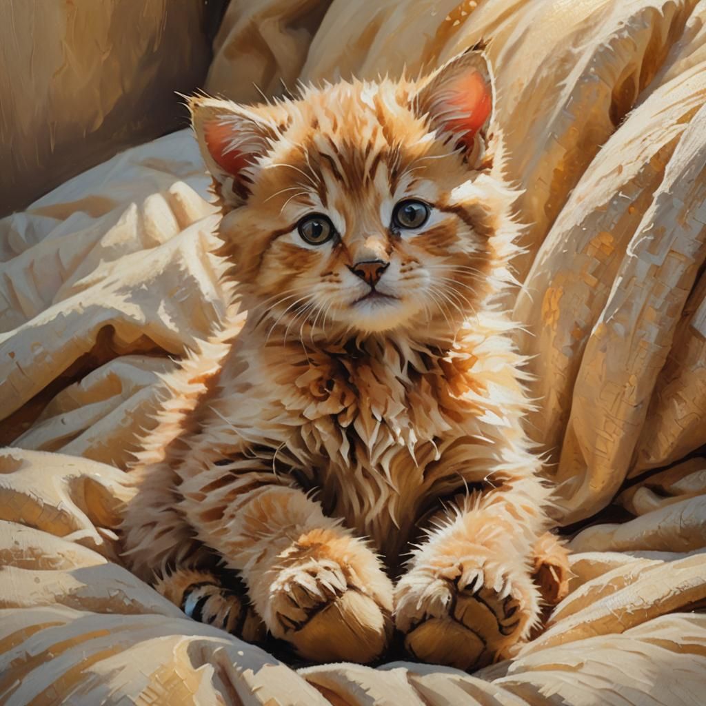 Kitten Curled Up in Teddy Bear Lap: Impressionist Oil Painti...