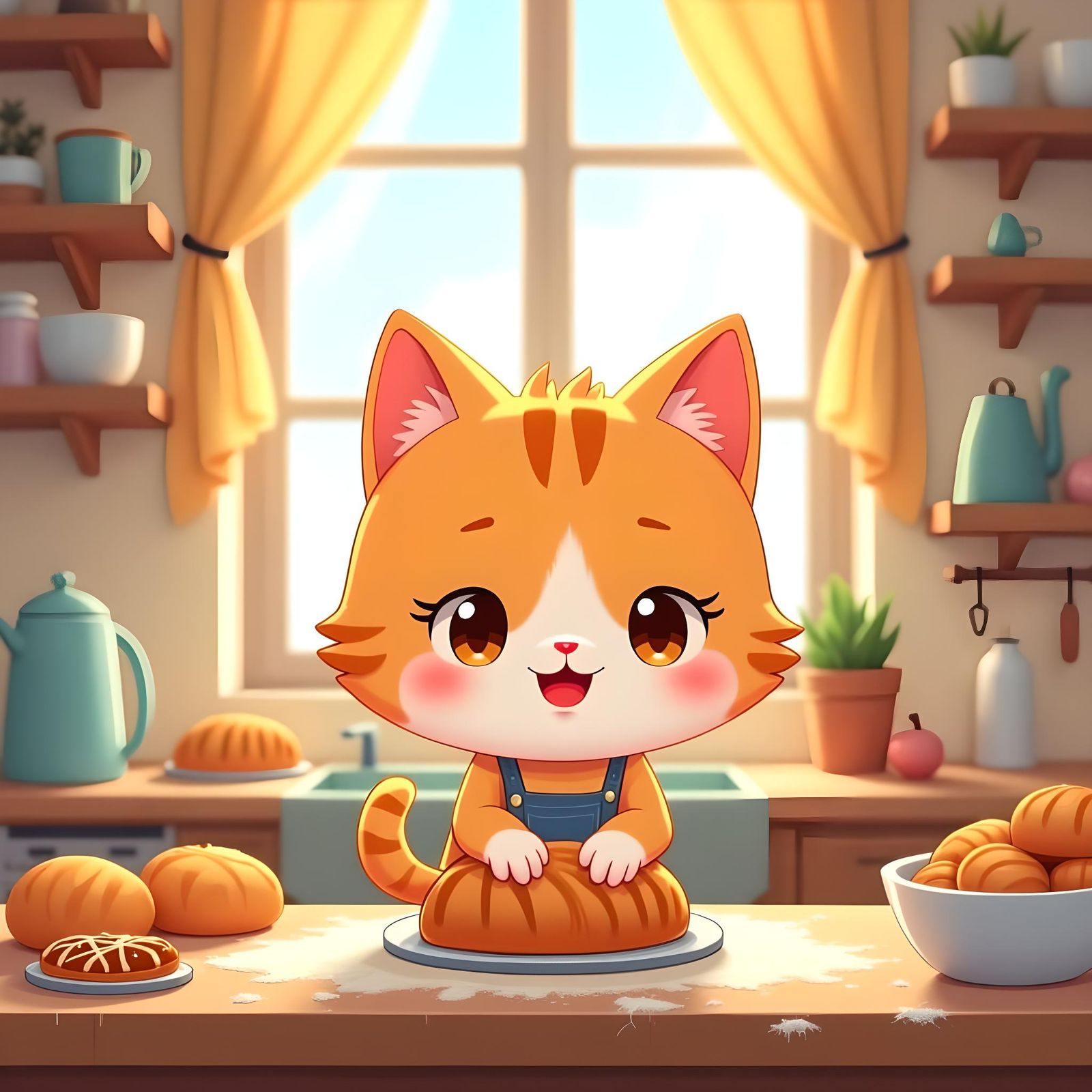 Chibi Cat Baking in a Sunny Kitchen