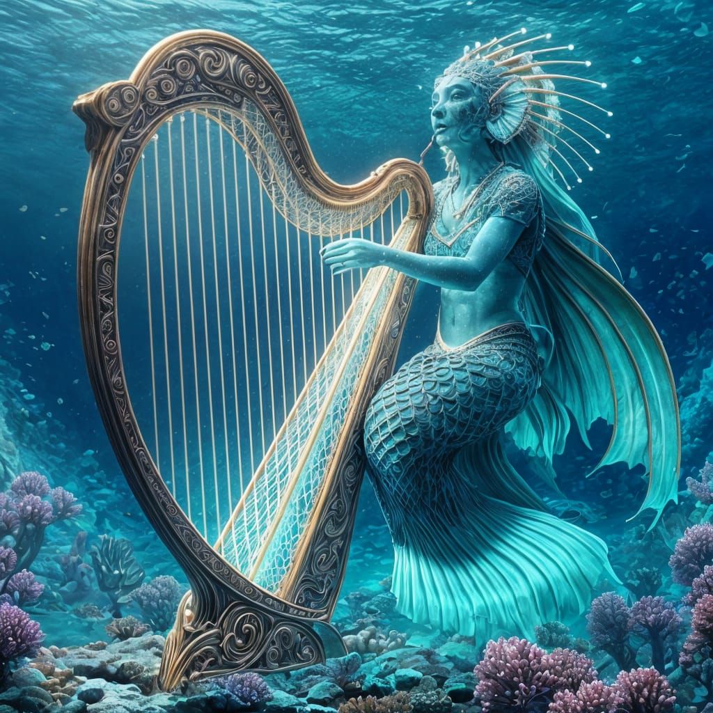 Underwater Harp Fish in Bioluminescent Dreamscape