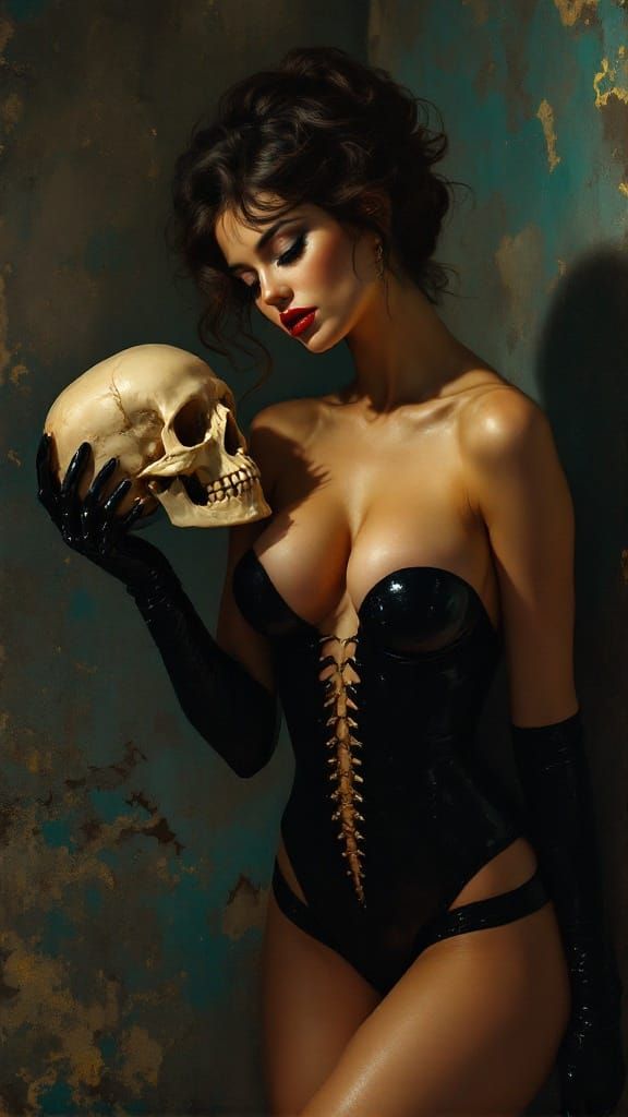 Poised Woman Contemplates Mortality in Velvet Darkness