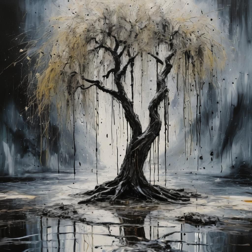 Ink Splatter Art of a Moody Willow Tree by the River